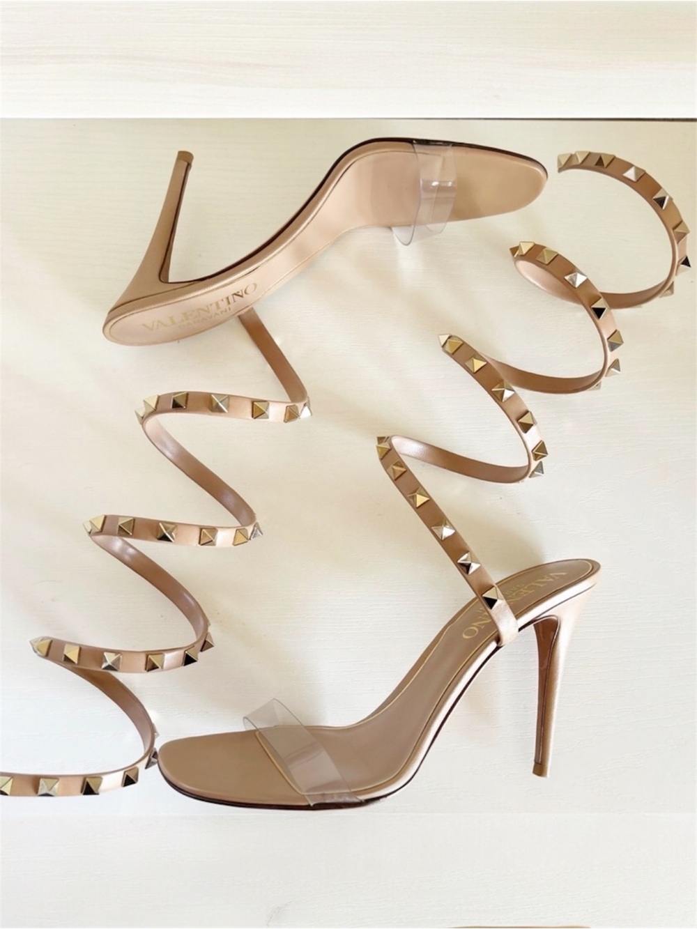 Valentino Rockstud Wrap Heels Nude Beige PVC Strappy Pumps Size EU 38